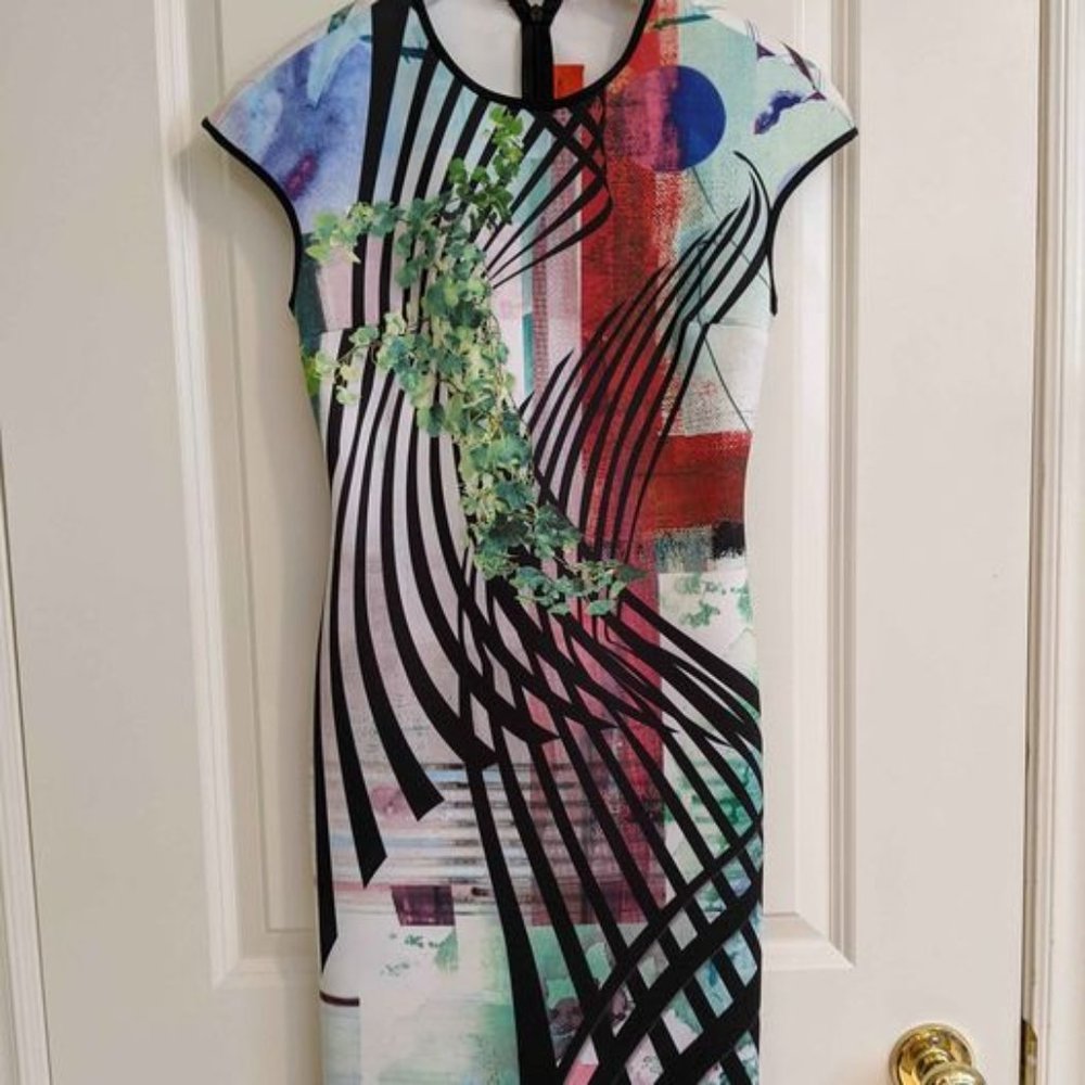 NEW Clover Canyon neoprene bodycon cap sleeves dress (XS, multicoloured)